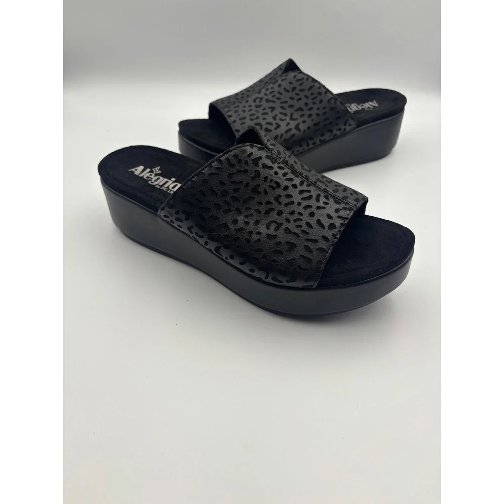 Alegria Trista Black Leopard Leather Platform Wedge Slide Sandals TRI-6127 39